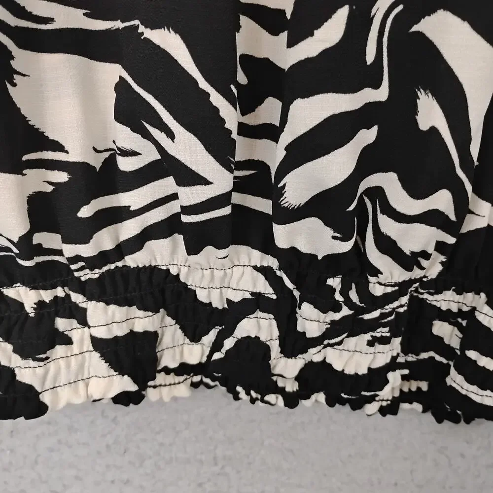 H&M Animal Print Blouse Size XS Black & Beige Balloon Long Sleeve Elastic Waist - Picture 6 of 9